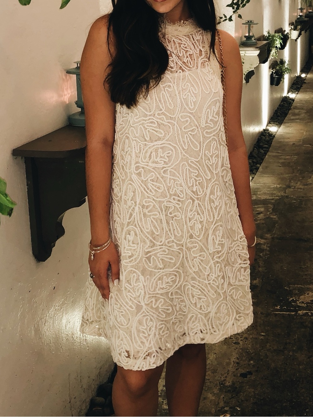 Sleeveless Cream Lace A-Line Dress